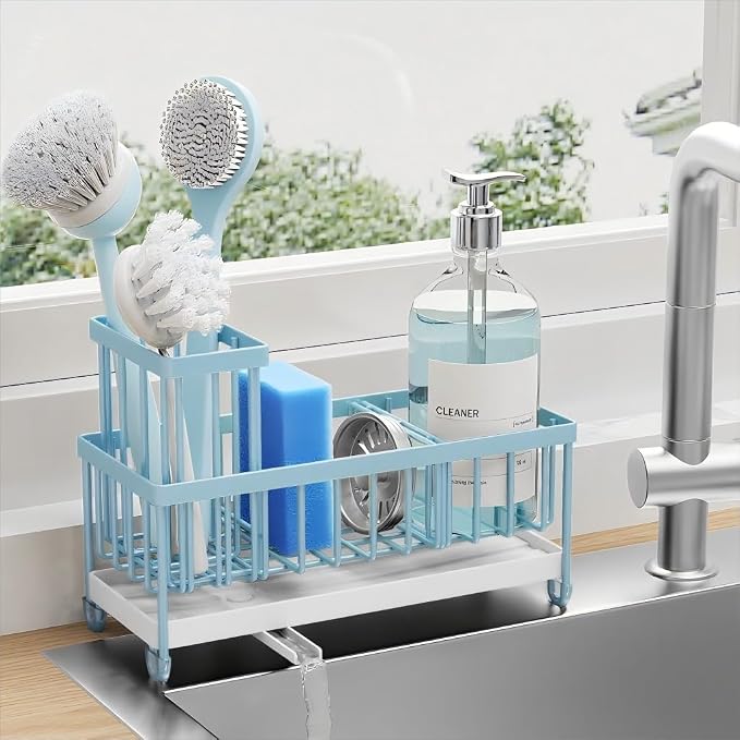 Cisily Sponge Holder for Kitchen Sink, Sink Caddy Organizer with High Brush Holder, Kitchen Countertop Organizers and Storage Essentials, Rustproof 304 Stainless Steel (Blue, 9.25″)