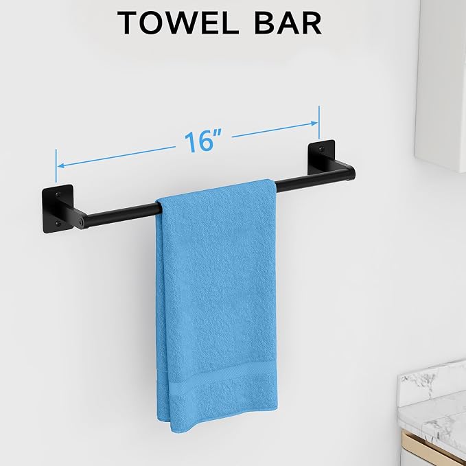 KLJKPA Black Bathroom Accessories Set, 4-Piece Bathroom Hardware Set | 16 inch Towel Bar, Towel Racks for Bathroom, Robe Towel Hooks, Toilet Paper Holder Wall Mounted