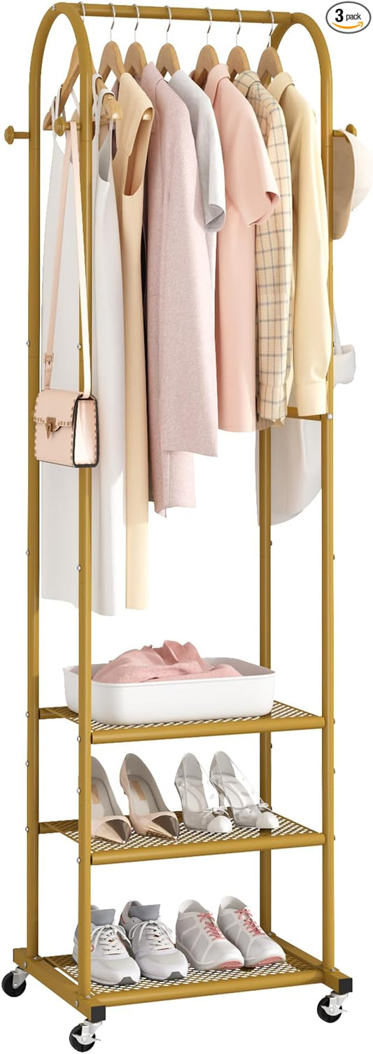 Kaitiemoo Clothing Rack, Mobile Garment Rack with Wheels & 3 Shelves, Gold | Heavy Duty Frame, Fits Small Spaces, 71.8 Inches Display Rack, Easy to install, Gold clothes rack