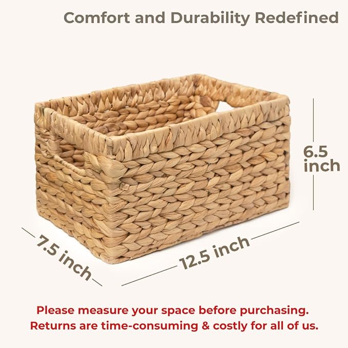 KOKODO Pack 3 Medium Wicker Storage Baskets with Handles, Stylish and Durable Water Hyacinth Rectangle Handwoven Basket Bin with Metal Frame & Handle for Room Organizing