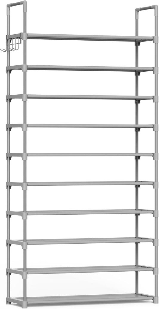 Kitsure 10 Tier Shoe Rack, Tall Shoe Organizer, 32.2" Wide, Gray | Large-Capacity Shoe Storage with Hooks, Shoe Shelf for Closet, Entryway, Bedroom, Living Room, Zapateras Organizer