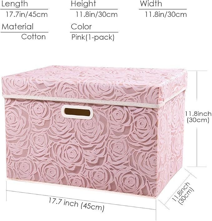 PRANDOM Larger Collapsible Storage Bin with Lid [1-Pack] Fabric Decorative Storage Box Cube Organizer Container Baskes with Handles Divider for Bedroom Closet Living Room Pink 17.7x11.8x11.8 Inch