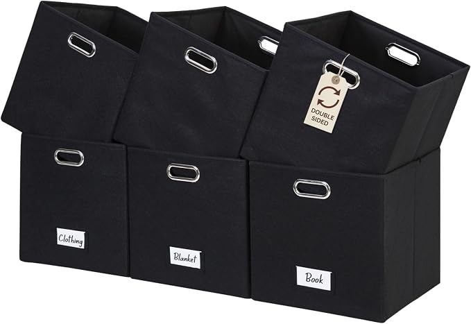 DECOMOMO Felt Storage Bins, 11 inch Cube Storage Bin with Labels | 6 Pack Storage Baskets for Shelves, Kallax (Black)