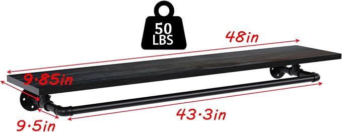 Black Clothes Rack 48in, Wall Mounted Garment Rack with Real Wood Shelf, Heavy Duty Hanging Clothes Rack, Multi-Purpose Hanging Rod, Space-Saving Closet Storage