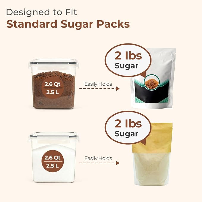 ComSaf Airtight Brown Sugar Containers with Terra Cotta Saver 2.6Qt 2Pack | Plastic Food Storage Canister with Lid, Sugar Flour Cereal Oats, Pantry Kitchen, Stackable Brown Sugar Keeper, Label & Scoops