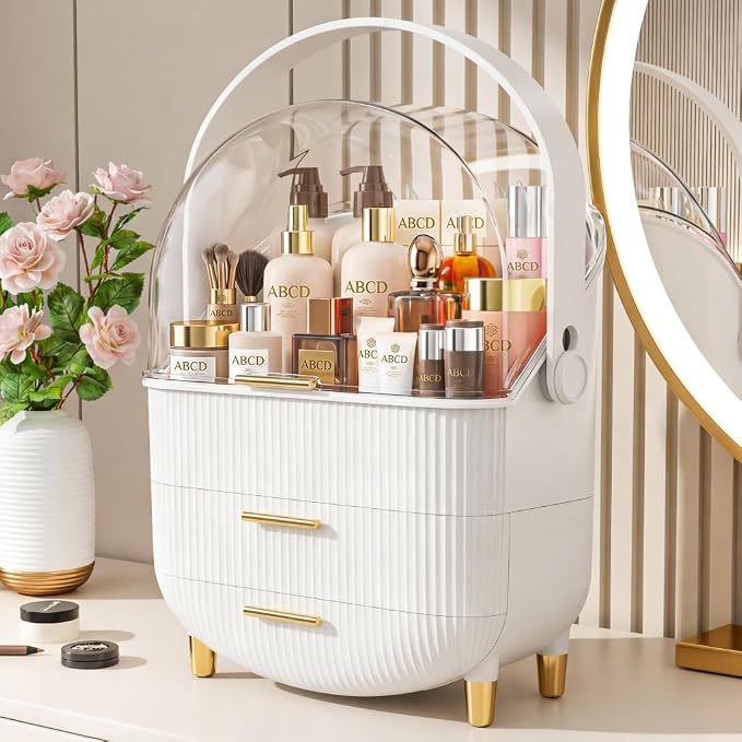 NestOrganix Makeup Organizer Skincare Organizers With Drawers | Cosmetic Display Cases with Transparent Cover, Skincare Organizers for Bathroom Countertop, Bedroom Vanity Desk, White