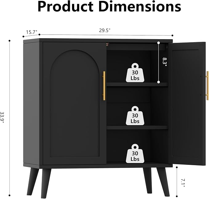 Keehusux 15.7" D Black Storage Cabinet with 2 Doors & Adjustable Shelf | Accent Buffet Sideboard Solid Wood Legs, Coffee Bar, Modern Floor Storage Cabinet for Kitchen, Living Room