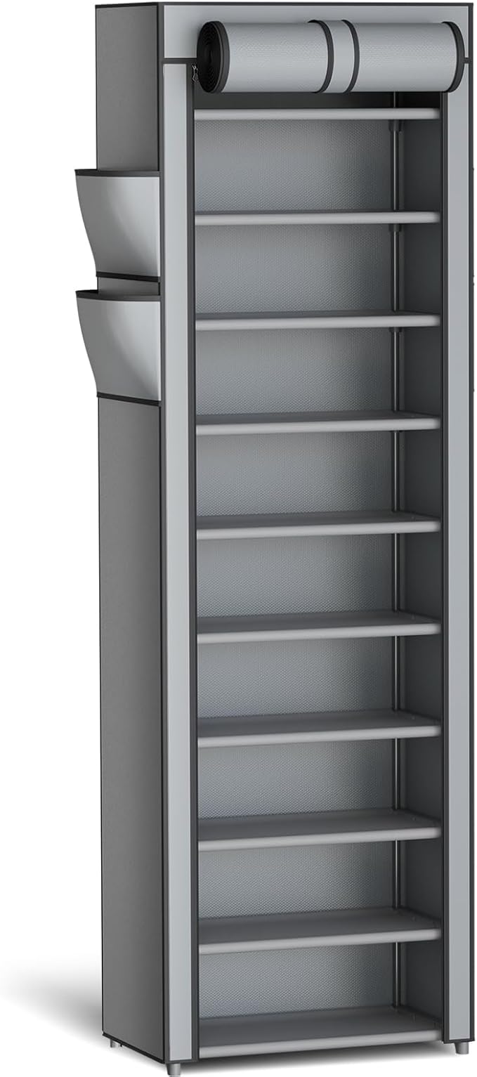 Kitsure 10-Tier Shoe Rack with Cover, Vertical Shelf, 17.5" Wide, Grey | Space Saving Shoe Storage with Side Pocket, Shoe Organizer for Closet, Entryway, Bedroom, Zapateras Organizer
