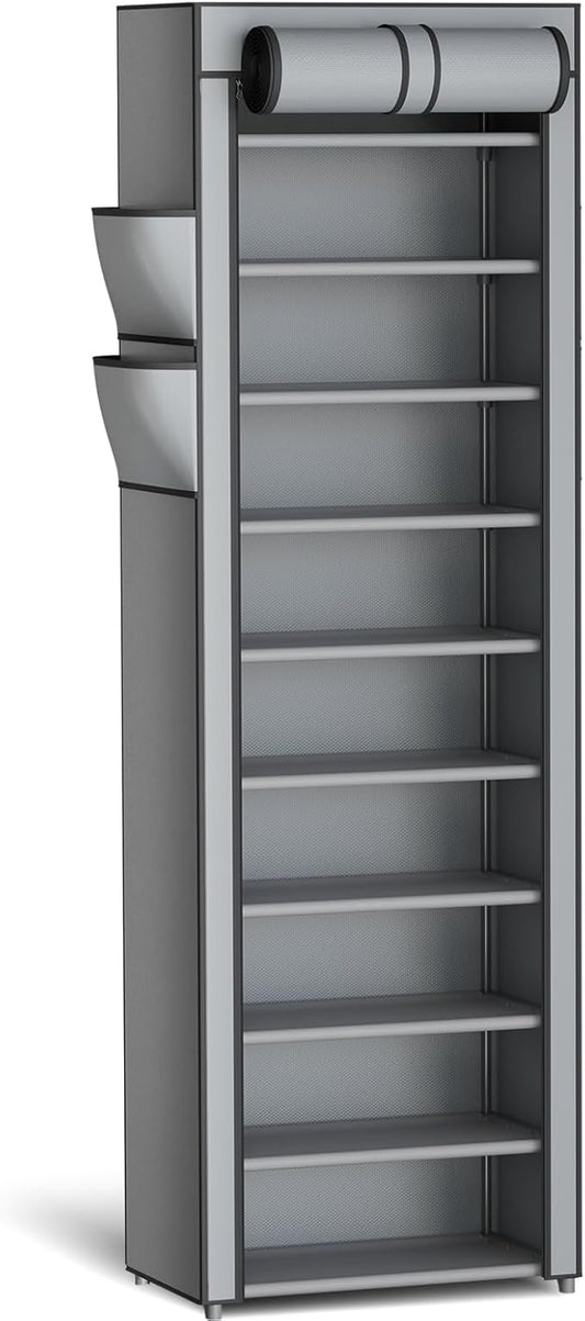 Kitsure 10-Tier Shoe Rack with Cover, Vertical Shelf, 17.5" Wide, Grey | Space Saving Shoe Storage with Side Pocket, Shoe Organizer for Closet, Entryway, Bedroom, Zapateras Organizer