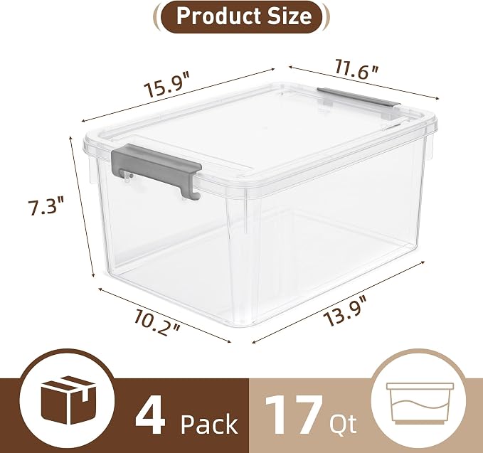Citylife 17 QT Plastic Storage Bins with Latching Lids Stackable Storage Containers for Organizing Large Clear Storage Box for Garage, Closet, Kitchen, 4 Packs