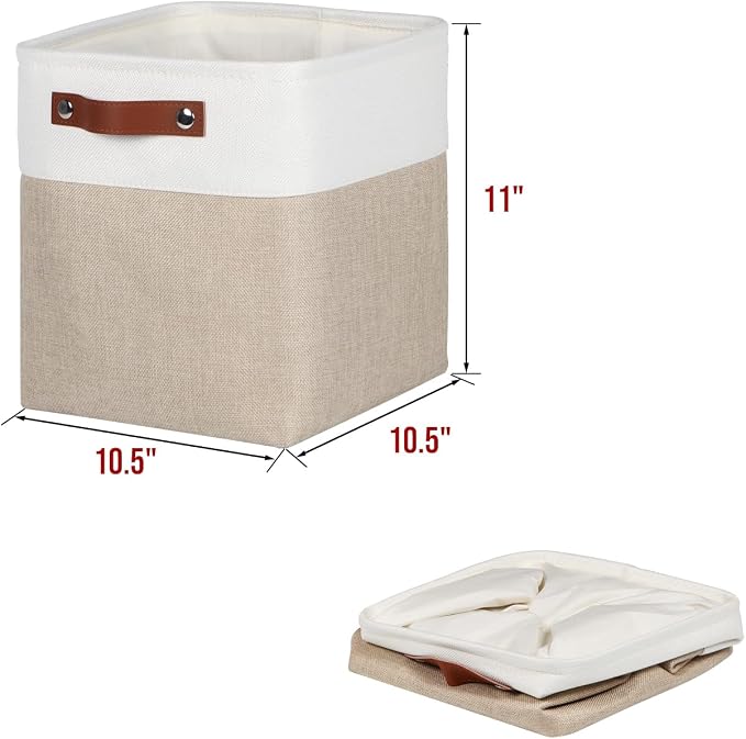 Univivi Fabric Cube Storage Bins,Khaki,10.5x 10.5x 11 inch,4 Pack | Hard Cardboard Bottom,Linen Closet Baskets,Metal Frame,Foldable,with PU Handles for Shelves