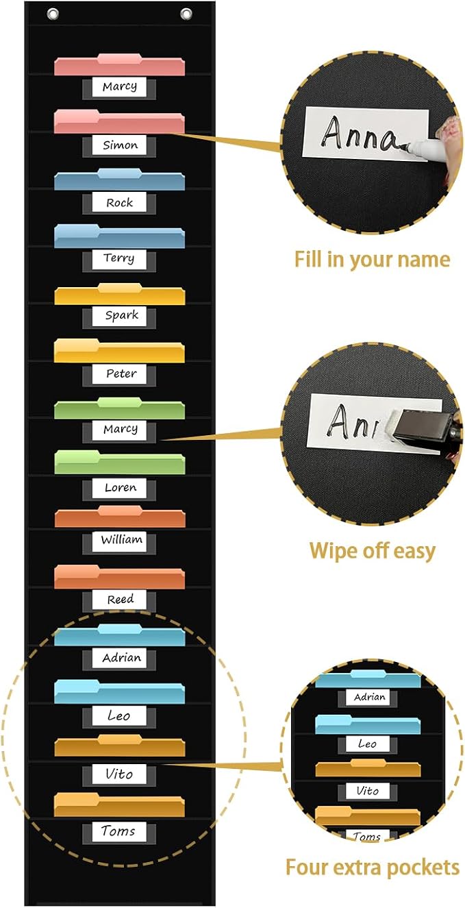 ANCOMEDO 14 Pocket Hanging File Organizer with 14 Nametag Pockets. Black File Storage Pocket Chart for Classroom or Office Use. Perfectly Organizes Assignments, Files, Scrapbooks, and Documents.
