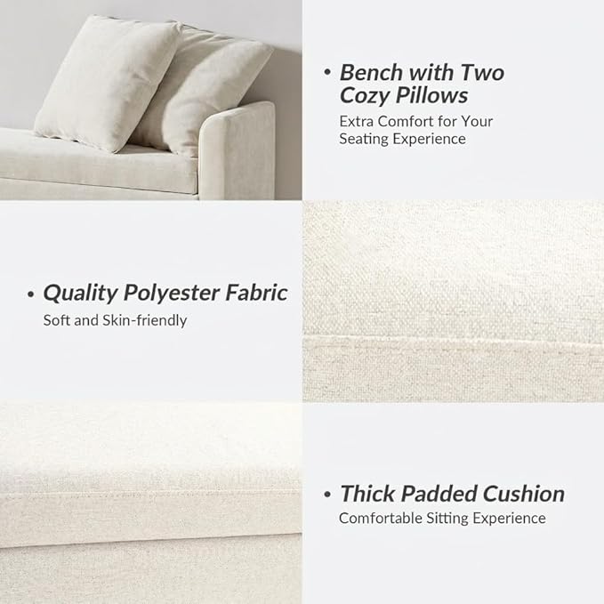 HULALA HOME 59" Storage Bench with 2 Throw Pillows & Armrests, Linen | Modern Long Bedroom Bench for End of Bed, Comfy Upholstered Fabric Footstool for Entryway Living Room
