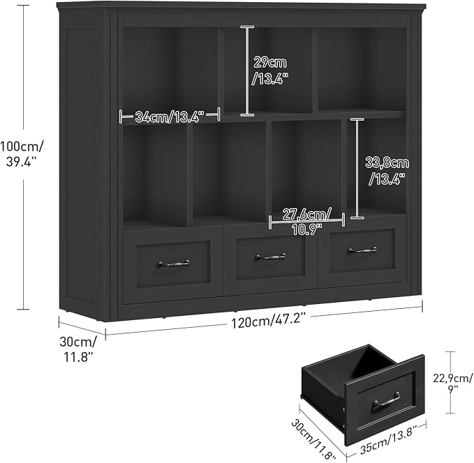 10 Cube Storage Organizer, Wooden Cubby Bookshelf, Cube Shelf Bookcase with 3 Drawers, Farmhouse Short Bookcase, 3 Tiers Floorstanding Open Bookshelf, Display Storage Shelves, Black