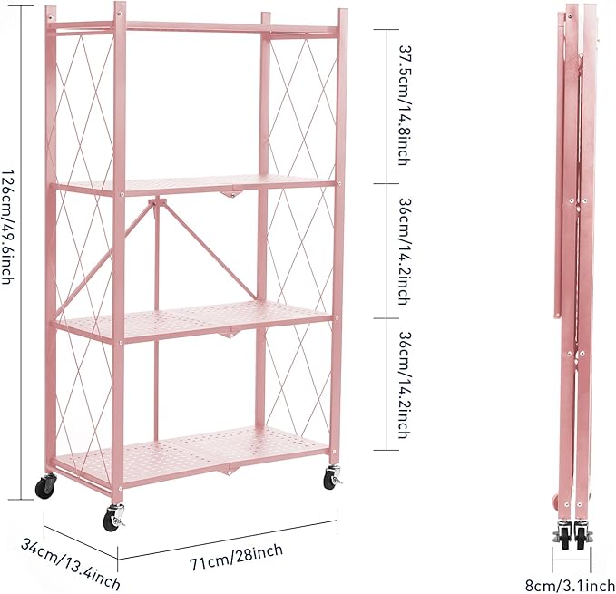 BRIAN & DANY 4-Tier Foldable Storage Shelves with Wheels, Folding Metal Rack Shelving Unit, Heavy Duty No Assembly Organizer Shelf for Garage, Kitchen, Basement, Pantry, Pink