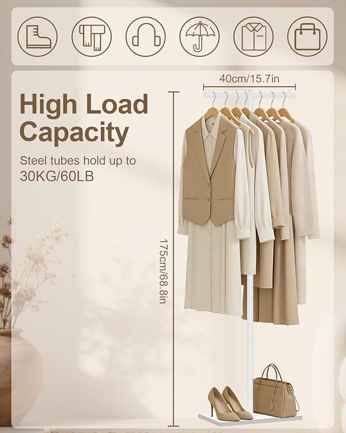 T-shaped Coat Rack Freestanding, Metal Hanger, White, 68.9 In High | Modern Garment Rack with Rock Slab Base, Heavy-duty Metal Hanger Stand for Bedroom, Hallway, Entryway, Living Room