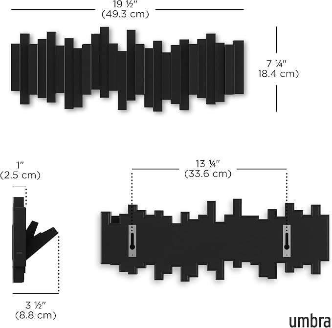 Umbra Sticks Wall Mount Coat Rack, 5 Hook Retractable Pegs, Black | Mounting hardware included, sculptural modern design, entryway or bedroom use, recycled plastic