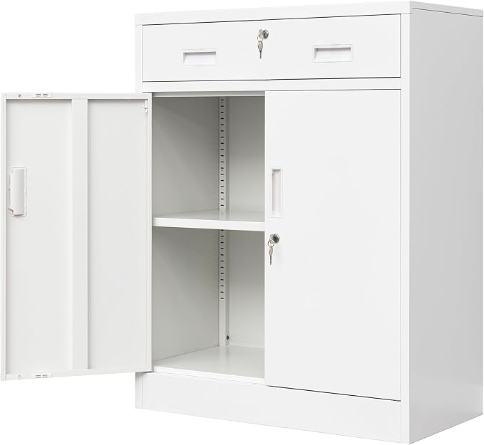 Wanfu Metal Storage Cabinet, Locking Cabinet with 1 Drawer and Adjustable Shelf, 36" H x 28" W x 16" D Steel Storage Cabinet for Office, Garage, Home-White