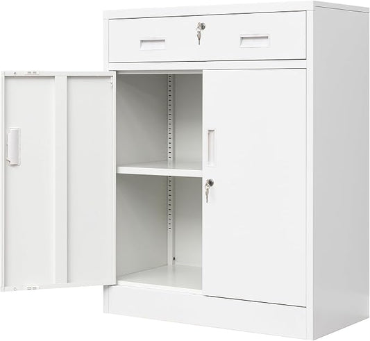Wanfu Metal Storage Cabinet, Locking Cabinet with 1 Drawer and Adjustable Shelf, 36" H x 28" W x 16" D Steel Storage Cabinet for Office, Garage, Home-White