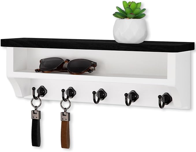 Nekon Key Holder Wall Mount, Wall Organizer Shelf with 5 Key Hooks, Room Decor for Home and Apartment Essentials, Black and White