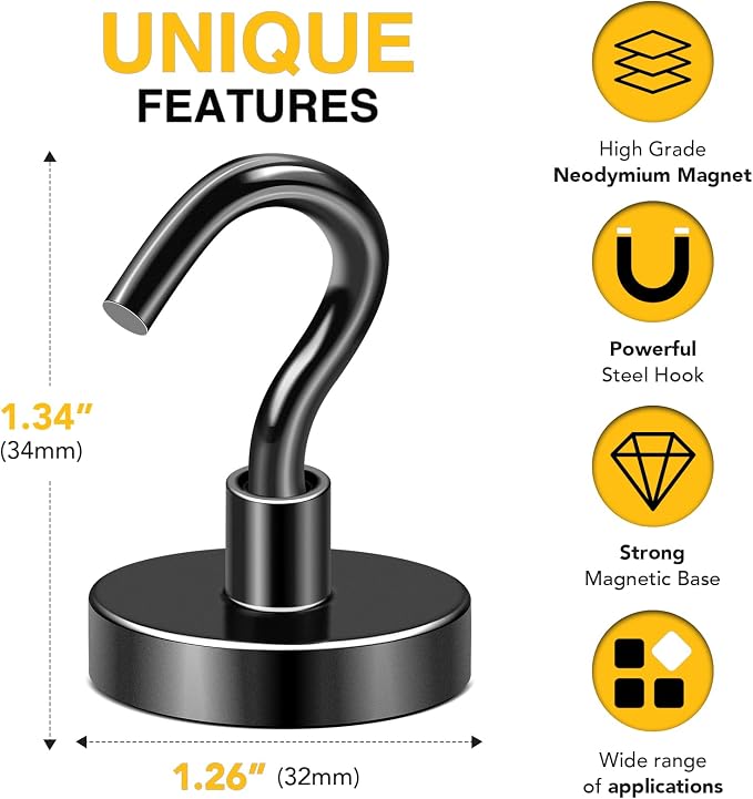 DIYMAG Magnetic Hooks 20pcs 120lbs Cruise Essentials 2026 Magnet Hook Black | Neodymium Heavy Duty Strong Magnets Hanging Ship Cabins Refrigerator Fridge Classroom Beach Vacation Kitchen Grills Home Tool
