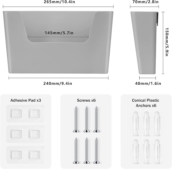 JOMOLA No Drilling File Holder 3 Pack Mail Organizer Wall Mount File Organizer Holder Office Wall Hanging Files Magazines Organizer Plastic Door Mount Wall Pocket with Adhesive Pad, Grey Color