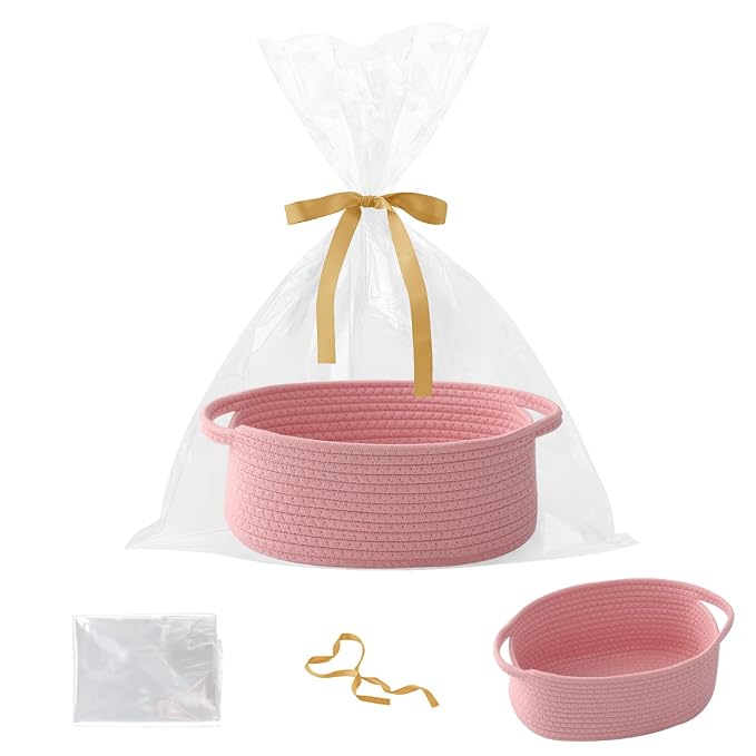 Pink Woven Rope Basket - Baby Gift Basket with Bag & Ribbon | Cotton rope with handle, 12x8x5 in, gift bag and ribbon, for baby shower, birthday, toy storage, nursery, shelf decor