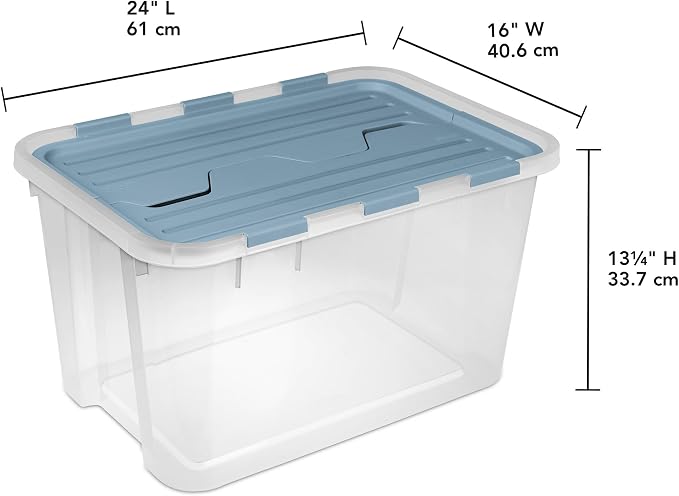 SteriliteHinged Lid Storage Box Plastic Container, 60 Quart, 12 Pack | Washed Blue - Home Organizer Tote for Storing Shoes, Crafts, Clothing, or Decor