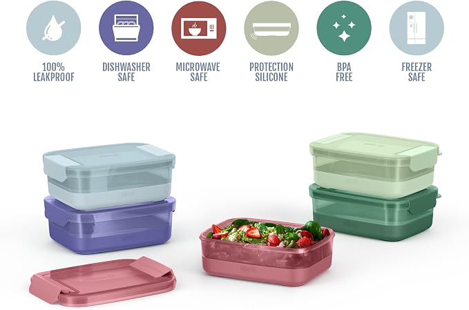 Ello 3.7 Cup Plastic Meal Prep Containers, 10 Pc, 5 Pack, Everest | Set of 5 leakproof BPA-free plastic meal prep containers. Microwave & dishwasher safe. Ideal for food storage & leftovers