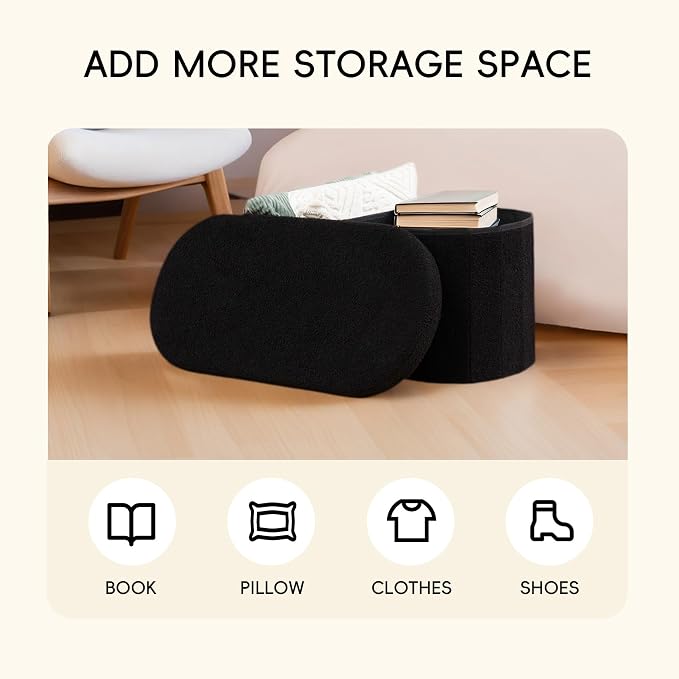 PINPLUS Storage Ottoman Bench Tufted Oval Ottomans Bench Foot Rest, Boulce Bench with Storage 30"x15"x15" (Black)