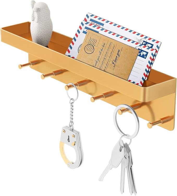 MKO Key Holder for Wall, Mail Organizer and Key Rack with Tray for Hallway, 6 Key Hooks Wall Mount Adhesive(Gold) | Metal Material, Key Rack with Shelf, Wall Mount, Mail Organizer Tray, Suitable for Entryway, Hallway, Living Room