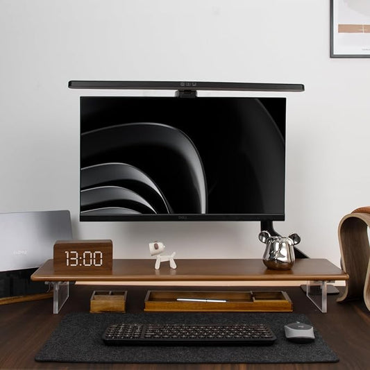 Bamboo Monitor Stand Riser, Brown Desk Shelf with Acrylic Legs | 31.5-Inch Wide, 3.3-Inch Clearance, Fits Monitor, Laptop, Printer and Speakers for Small Desks