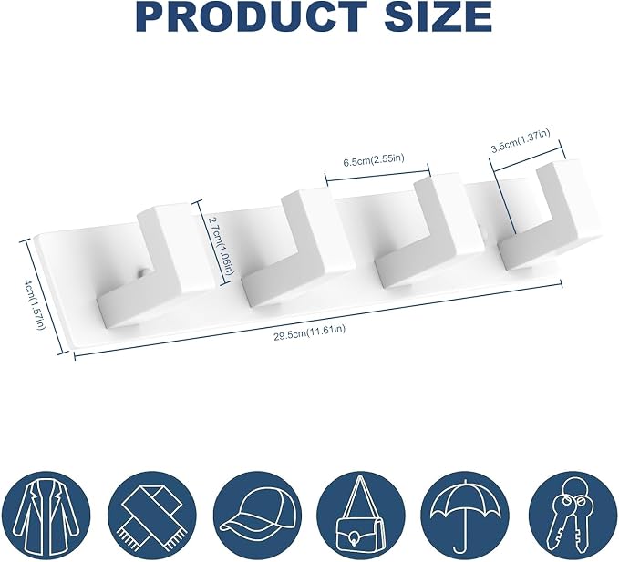 PMMASTO Stainless Steel Coat Rack Wall Mounted, Heavy Duty Metal Hook Rail for Hanging Coats Hats Towels Robes Bags, Modern Wall Hooks Organizer (White, 4 "L Hooks, 2 Pack)