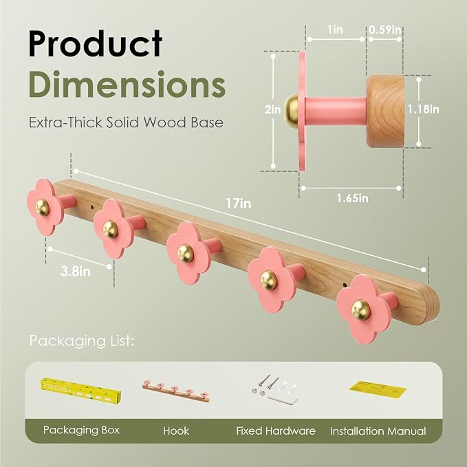 Tindbea Upgreded Heavy Duty Coat Rack Wall Mount for Entryway, Kids' Room | Cheery Wood, Pink, 5 Hooks