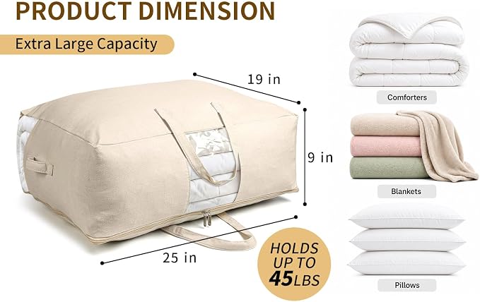 Soft Canvas Storage Bags for Comforters, Blankets, Beddings, Quilt, Clothes | King/Queen Comforter Organizer, Cotton Canvas, 3 Pack, 4 Handles & 2 Clear Windows, Reinforced Zippers, 25x19x9in