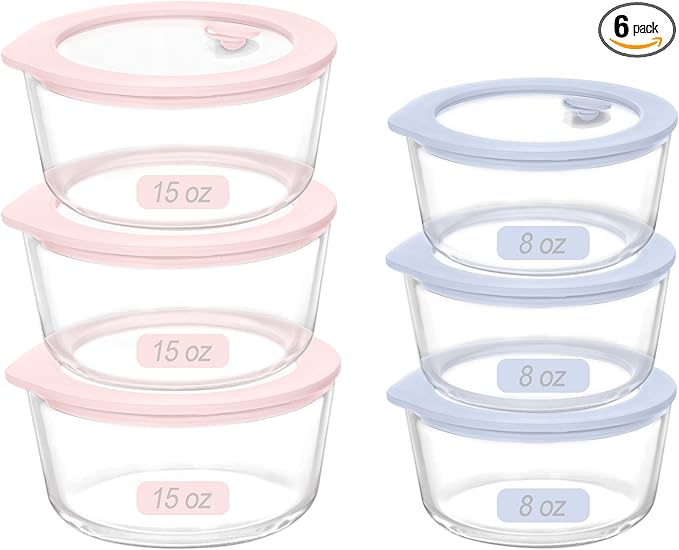 Glass Food Container Set with Glass Lid, 6 Pack, Meal Prep Containers with Silicone Framed Airtight Lid, Leakproof, 100% Plastic Free,