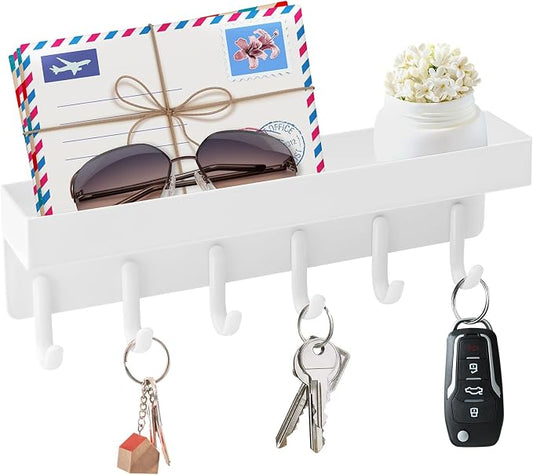 VIS'V Key Holder Wall Mount, Magnetic Key Rack with Tray, 6 Hooks, White | 2 Mount Options, Metal Material, Compact Discreet Design, for Fridge, Kitchen, Entryway, Hallway, Doorway, Garage, Camper