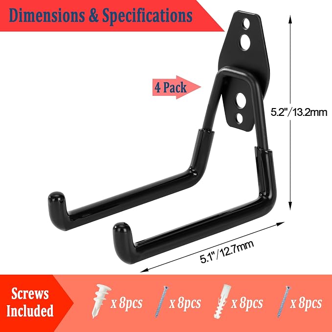 4 Pack Garage Hooks Heavy Duty, 5.1 inch Square Utility Hooks | Garage Tool Organizer Wall Mount, Utility Organizer for Ladders, Garden Tools, Bike, Ropes, Bulk Items
