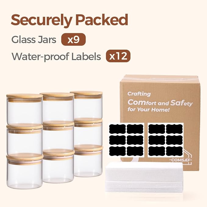 ComSaf Glass Storage Containers With Lids 0.5 Qt, 9 Pack Small Glass Jars | Small Glass Containers, Spice Jar 15oz, Candy, Family Snack Storage, Coffee Bar Organization, Size For Subpackage, BPA Free