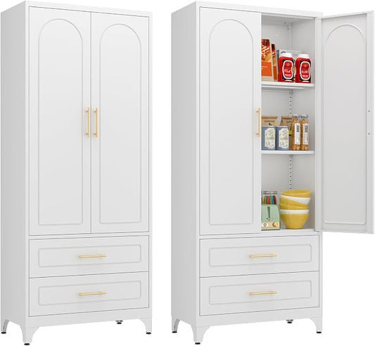 Polup 75" Tall White Metal Pantry Storage Cabinet with 2 Drawers | Heavy-Duty Steel Kitchen Cabinet, 2 Adjustable Shelves & Magnetic Doors, Leveling Feet, for Dining Living Room, Laundry
