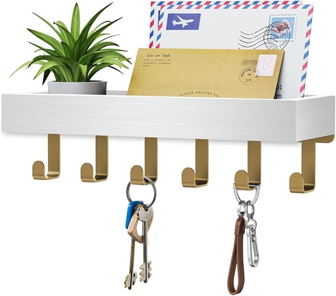 Key Holder Wall Mount Magnetic Adhesive, Key Hooks Rack with Shelf | Key Hanger with Mail Organizer for RV Camper Fridge Living Room Decor, Home Essentials, White Gold