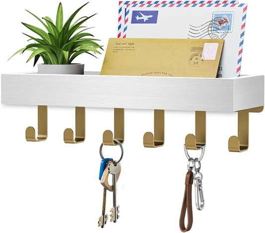Key Holder Wall Mount Magnetic Adhesive, Key Hooks Rack with Shelf | Key Hanger with Mail Organizer for RV Camper Fridge Living Room Decor, Home Essentials, White Gold