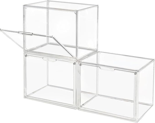 GUDEMAY Clear Stackable Plastic Storage Bins with Magnetic Lid, Dustproof Book & Cosmetic Acrylic Display Cases, Large Figures Collectibles Showcase, Shoe Box, Protection Organizer (L, Count, 3)