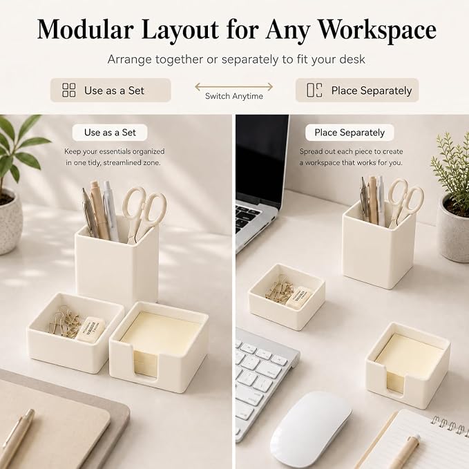 minimaliving Aesthetic Silicone Desk Organizer Set of 3,Modern Office Desk Accessories with Pen Holder,Paperclip Tray,Sticky Note Holder,Stylish Functional Office Desk Decor for Back-to-school(Beige)