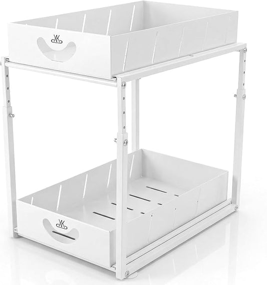 Adjustable Under Sink Organizer, 2 Tier Under Sink Organizers and Storage,Slide Out Metal Cabinet Organizers, Pull Out Cabinet Storage Drawer Shelf for Kitchen Bathroom (1, white)