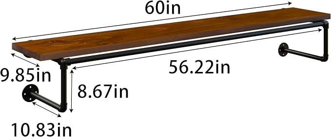 Clothes Rack 60in, Wall Mounted Garment Racks with Real Walnut Wood Shelf, Heavy Duty Hanging Clothes Rack, Multi-Purpose Hanging Rod, Space-Saving Closet Storage