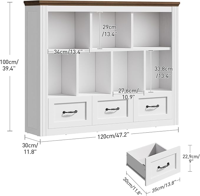 10 Cube Storage Organizer, Wooden Cubby Bookshelf, Cube Shelf Bookcase with 3 Drawers, Farmhouse Short Bookcase, 3 Tiers Floorstanding Open Bookshelf, Display Storage Shelves, White and Walnut