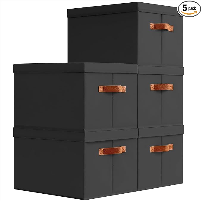 Storage Bins with Lids - Large Fabric Closet Bins with Lid, 5 Pack Clothes Organizers and Storage, Collapsible Stackable Cube Basket for Home, Office, Dorm, Black
