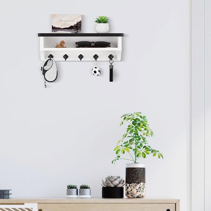 Nekon Key Holder Wall Mount, Wall Organizer Shelf with 5 Key Hooks, Room Decor for Home and Apartment Essentials, Black and White