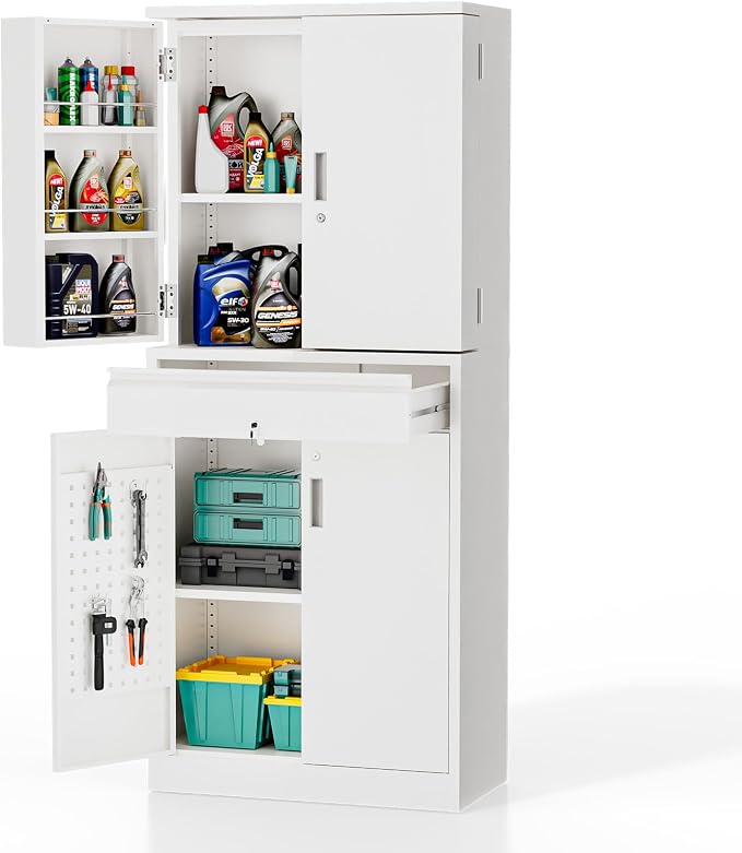 VINGLI Metal Storage Cabinet with 4 Doors & 1 Drawer, 71'' Steel Locking Cabinet with 6 Door Hanging Shelves and Adjustable Shelves for Garage, Warehouse, Home Kitchen, Dining Living Room (White)